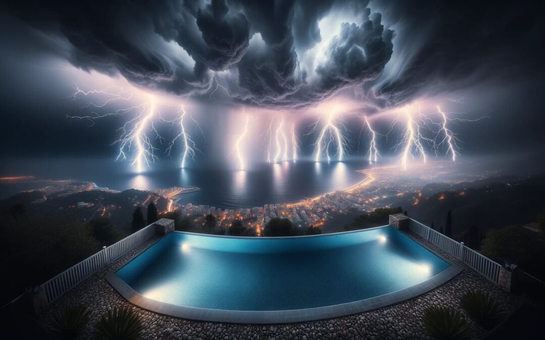 piscina y mar con tormenta